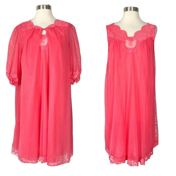 Vintage | 60s Vanity Fair Peignoir Bright Pink Sheer Two Piece Lingerie PJ Set - Picture 1 of 14